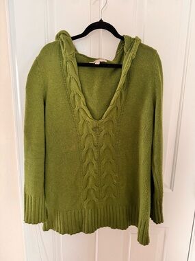 Old Navy Olive Green V-Neck Cable-Knit Hooded Sweater